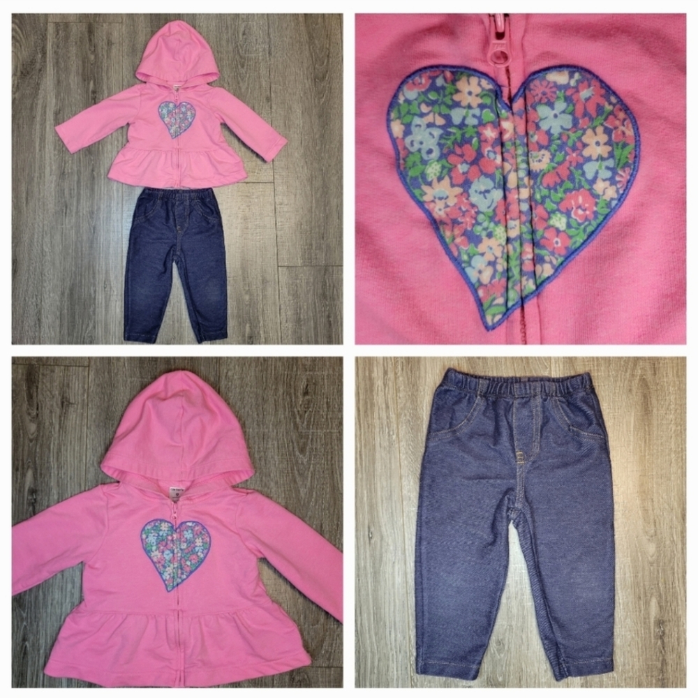 Pink Baby Girls Hoodie and Blue Pants Set with Floral Heart
